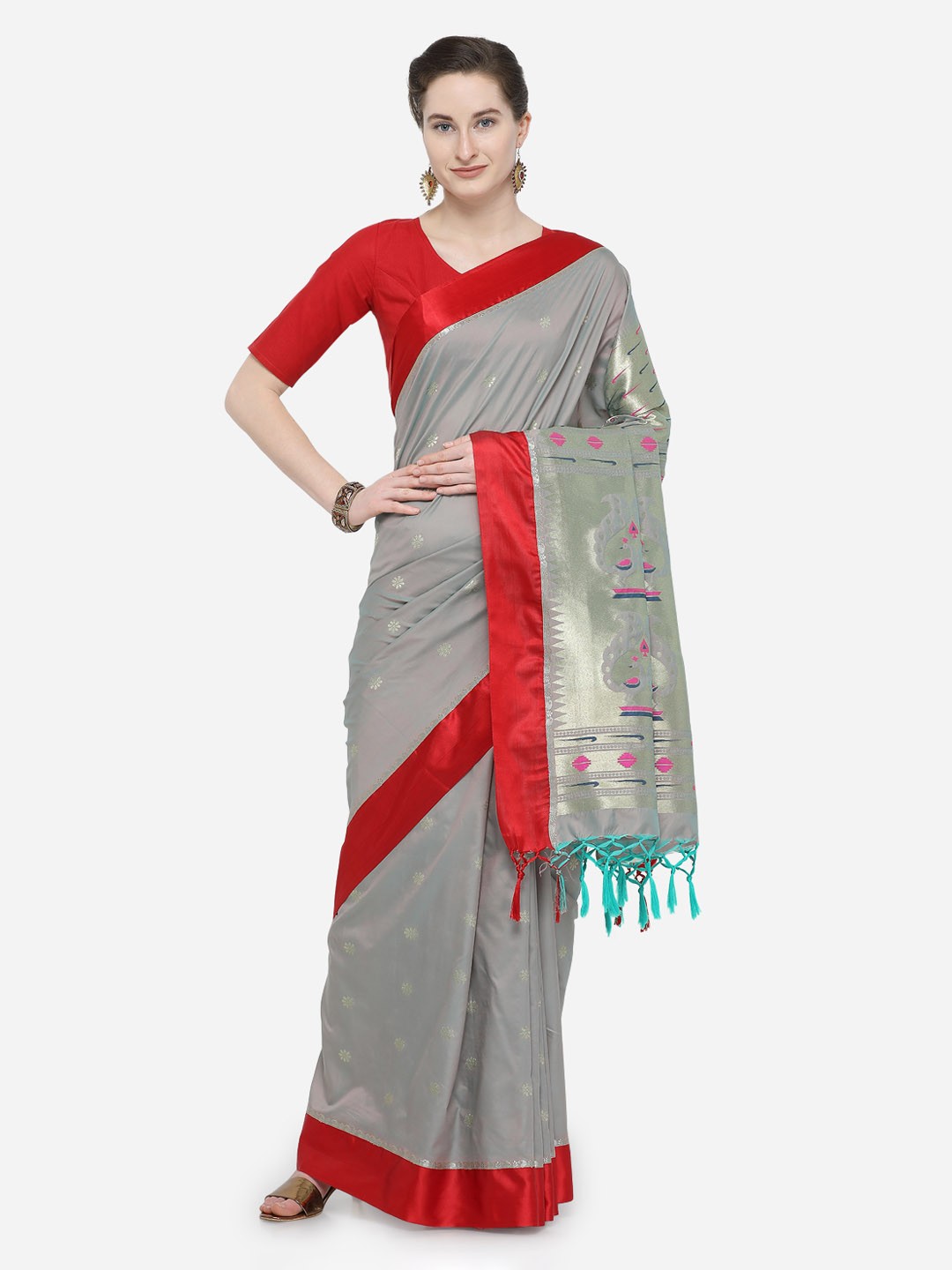 

Varkala Silk Sarees Women Grey & Red Silk Blend Woven Design Saree