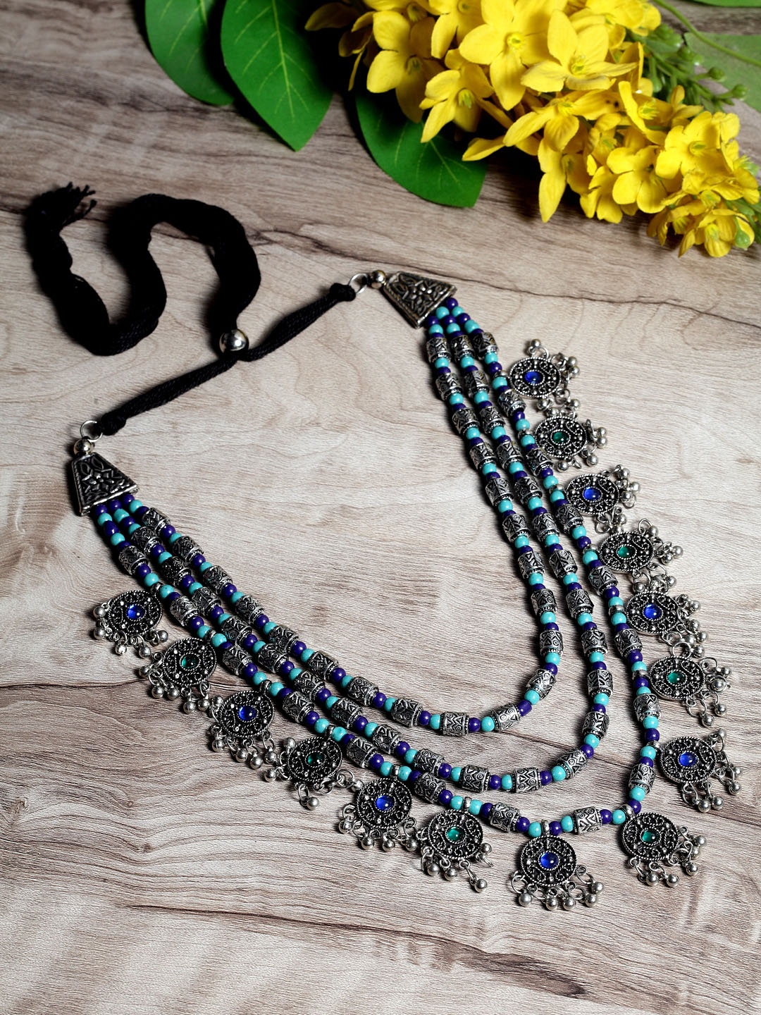 

Moedbuille Silver-Toned & Turquoise Blue Brass Silver-Plated Afghan Necklace