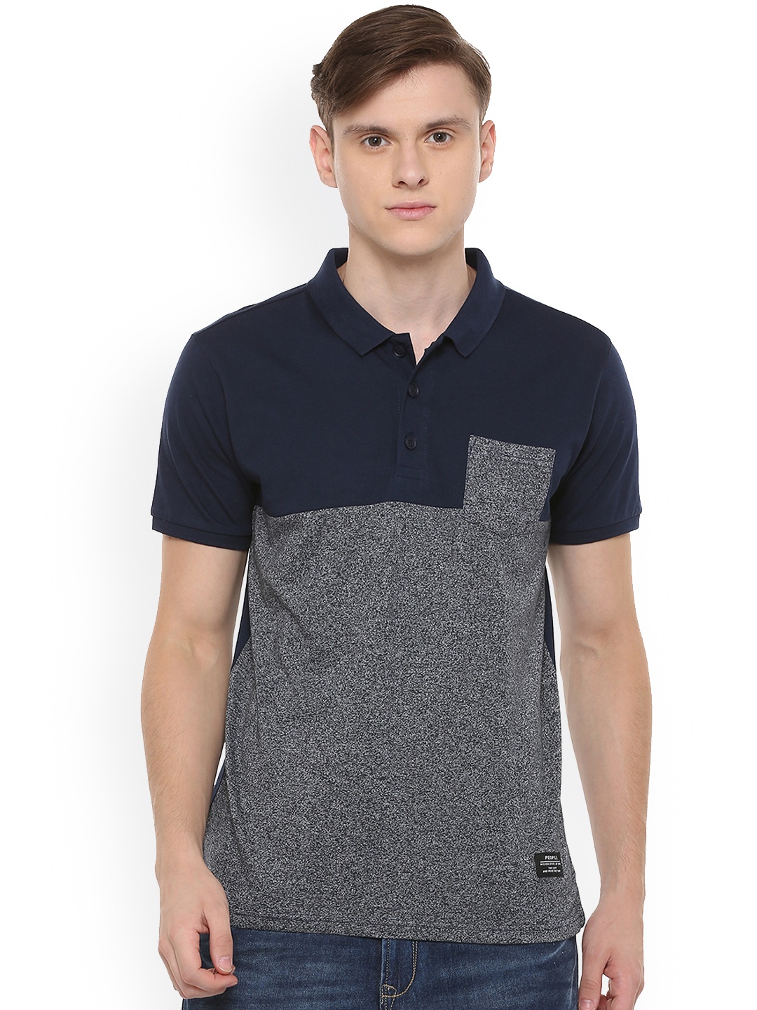 

People Men Navy Blue Colourblocked Polo Collar T-shirt