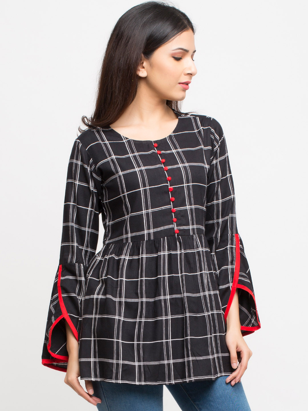 

YASH GALLERY Women Black Checked A-Line Top