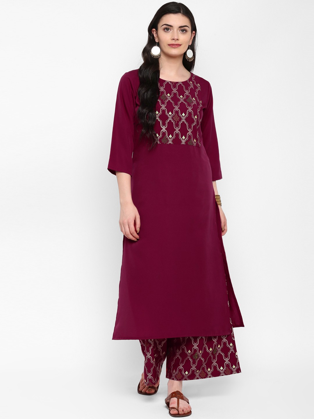 

ZIYAA Women Maroon Yoke Design Straight Kurta with Foil Print