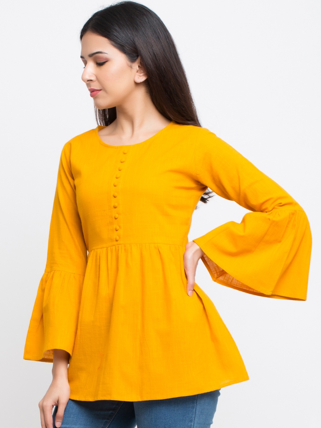 YASH GALLERY Women Yellow Solid A-Line Top