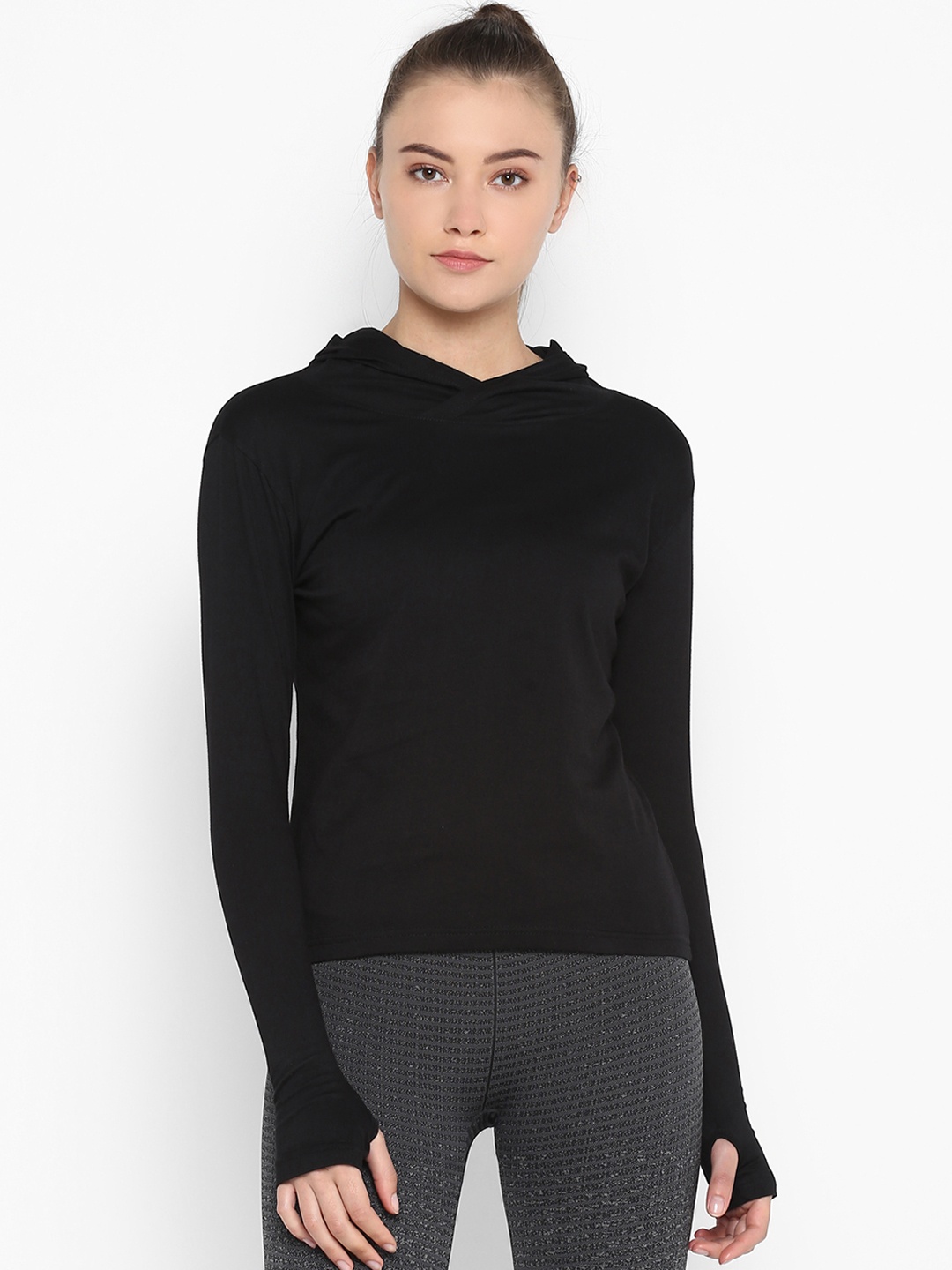appulse Women Black Solid Hood T-shirt