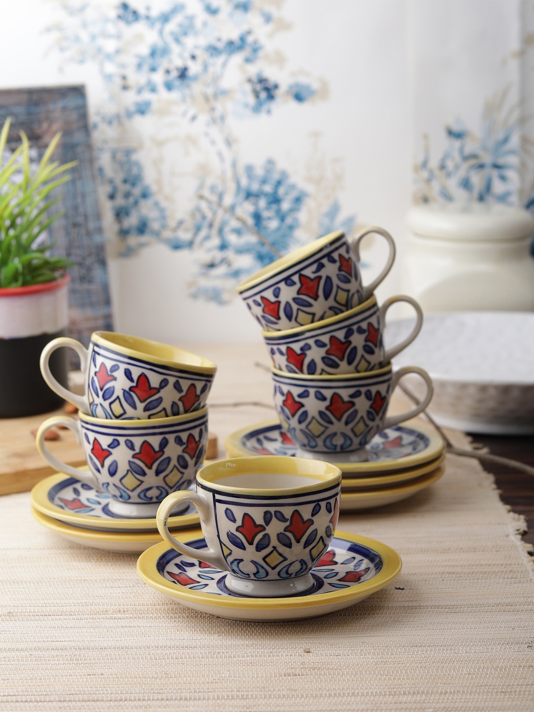 

VarEesha Set of 6 Multicoloured Printed Ceramic Cups and Saucers, Multi