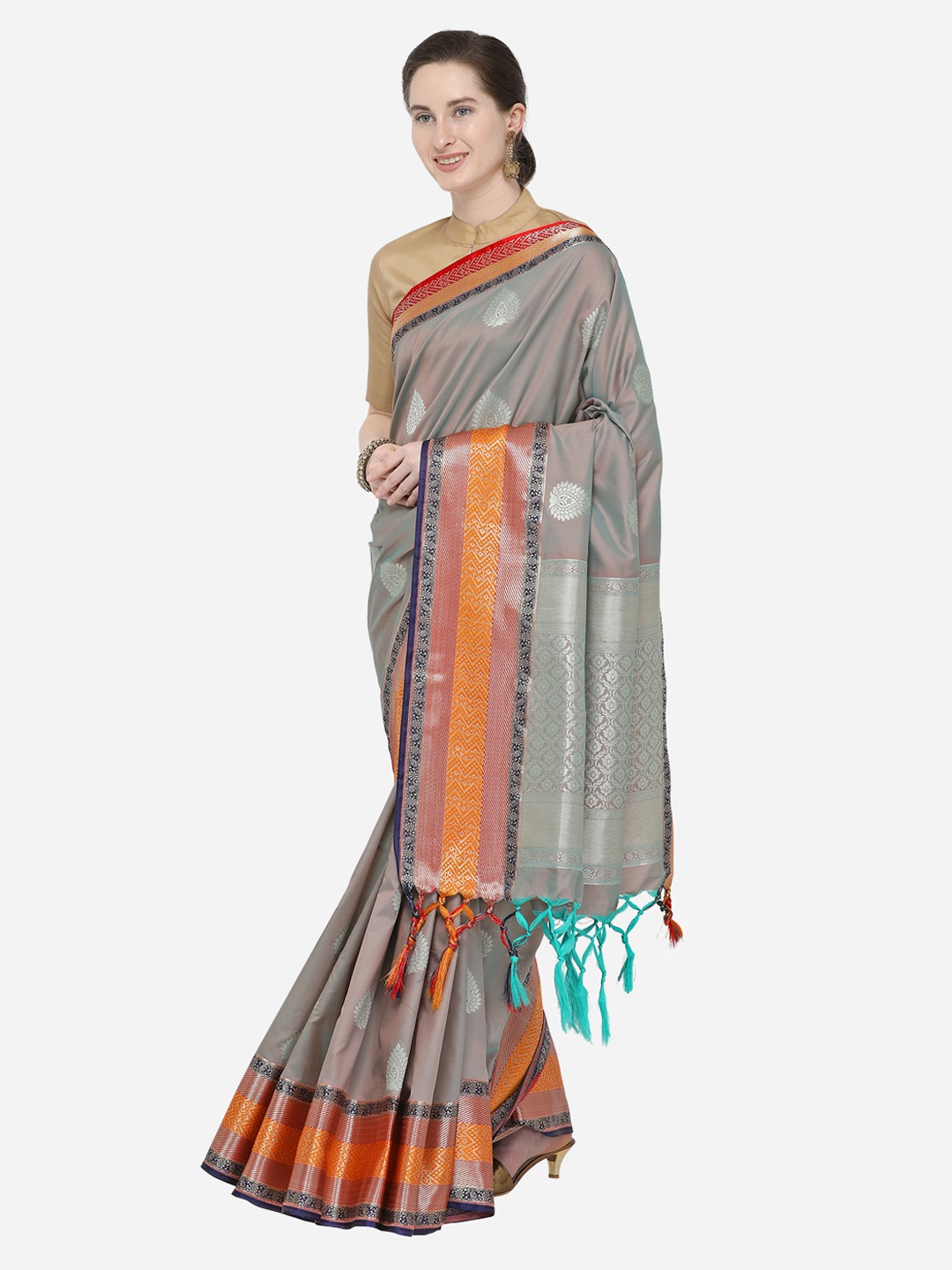 

Varkala Silk Sarees Women Grey & Orange Silk Blend Woven Design Banarasi Saree
