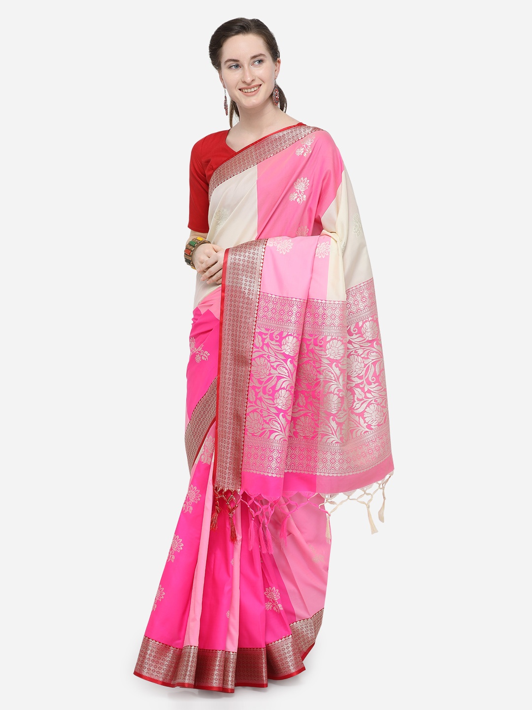 

Varkala Silk Sarees Women Pink & White Silk Blend Woven Design Banarasi Saree