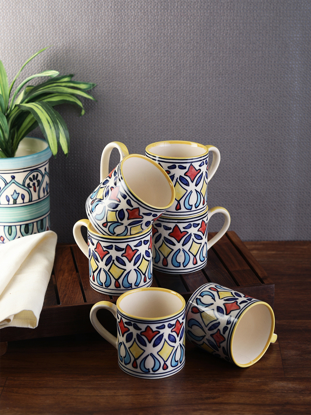 

VarEesha Set of 6 Printed Ceramic Cups Set, Off white