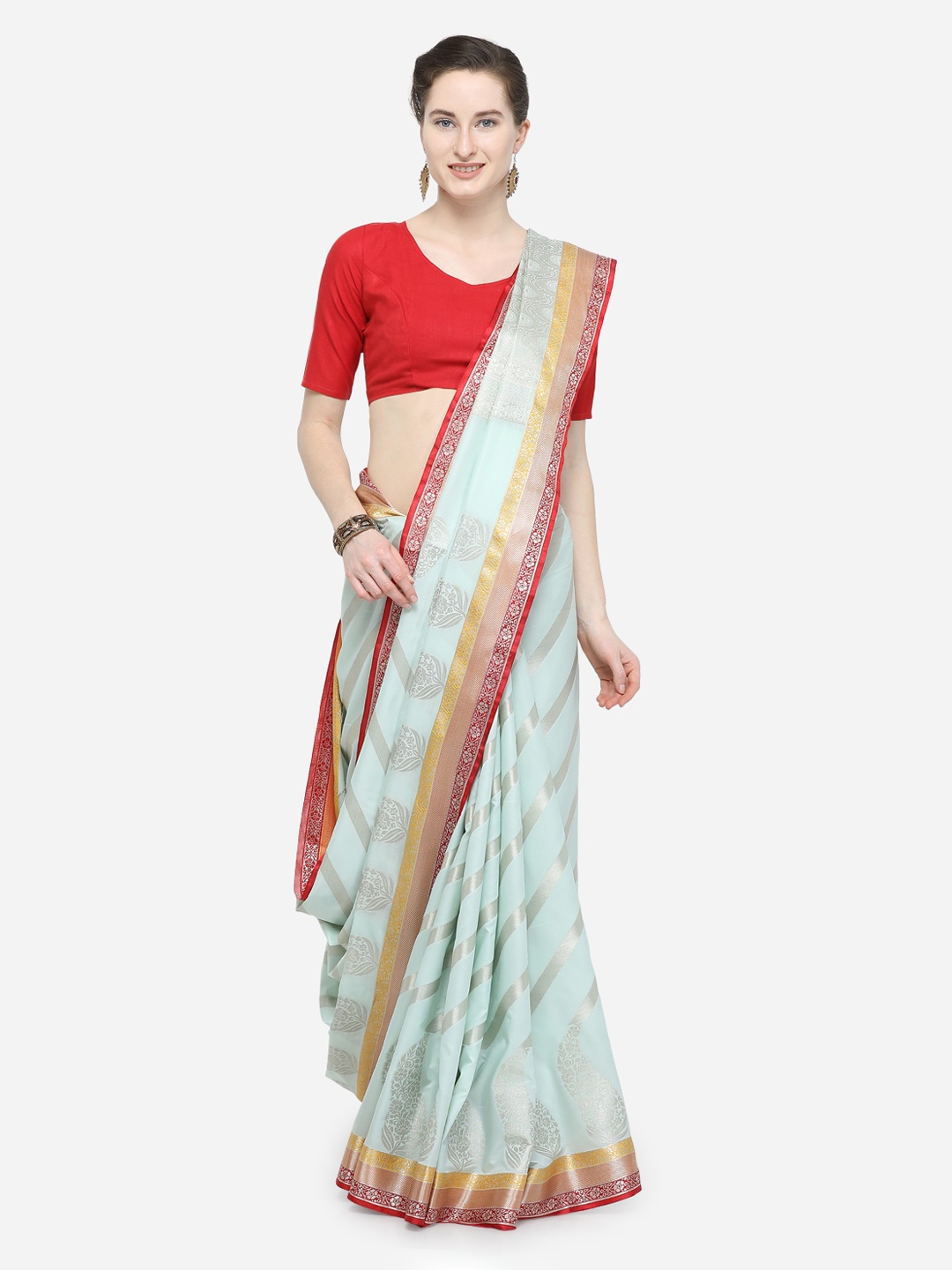 

Varkala Silk Sarees Turquoise Blue Silk Blend Woven Design Leheriya Saree