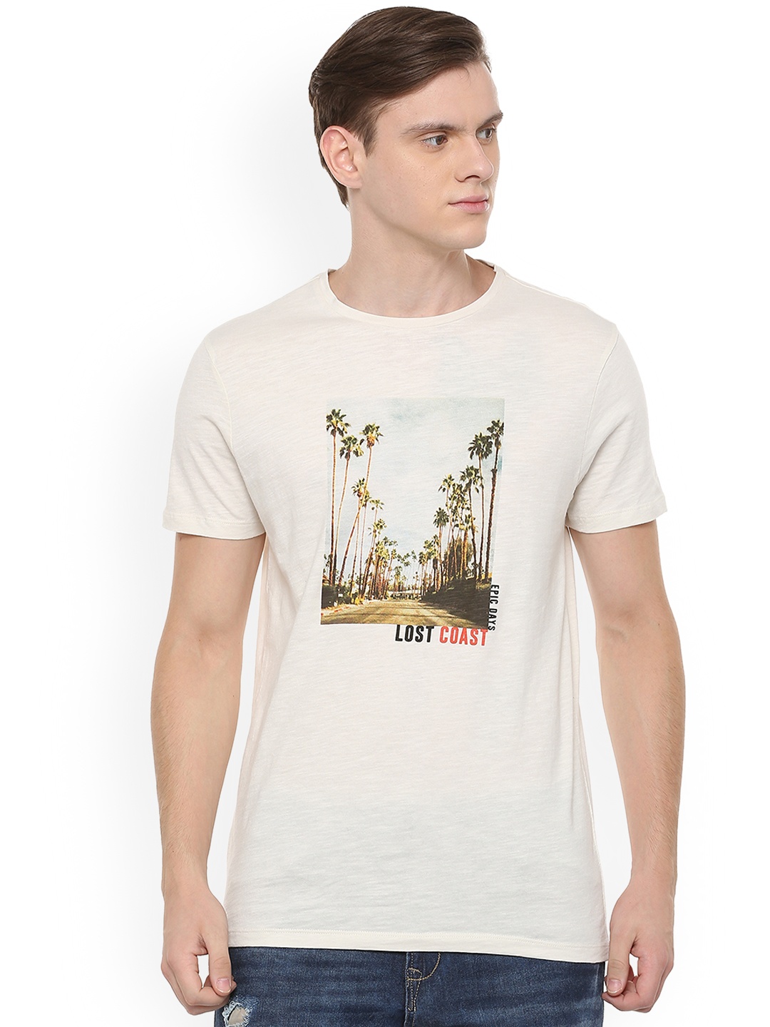 

People Men Cream-Coloured Printed Round Neck Pure Cotton T-shirt