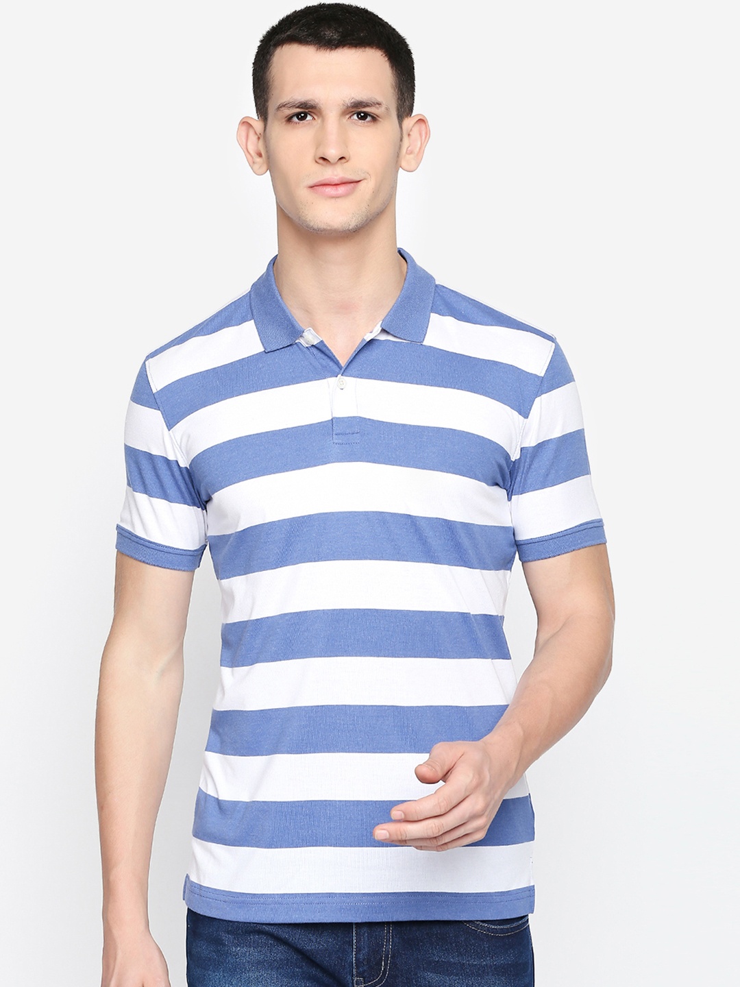 

BYFORD by Pantaloons Men & White Blue Striped Polo Collar T-shirt