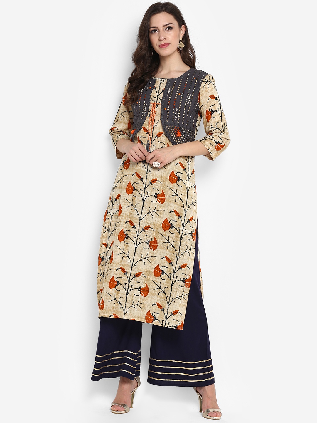 

Meeranshi Women Beige Floral Printed Straight Kurta