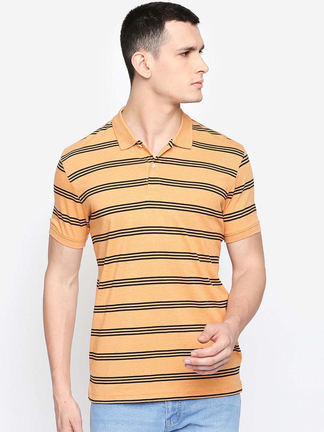 

BYFORD by Pantaloons Men Yellow & Black Striped Polo Collar T-shirt