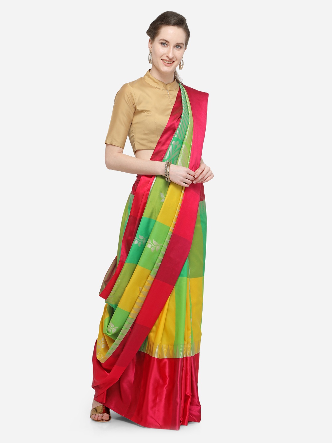 

Varkala Silk Sarees Green & Yellow Silk Blend Colourblocked Banarasi Saree