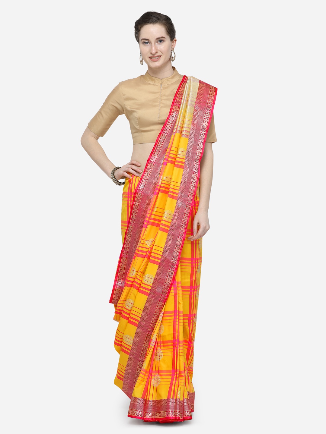 

Varkala Silk Sarees Mustard Yellow & Red Silk Blend Checked Banarasi Saree