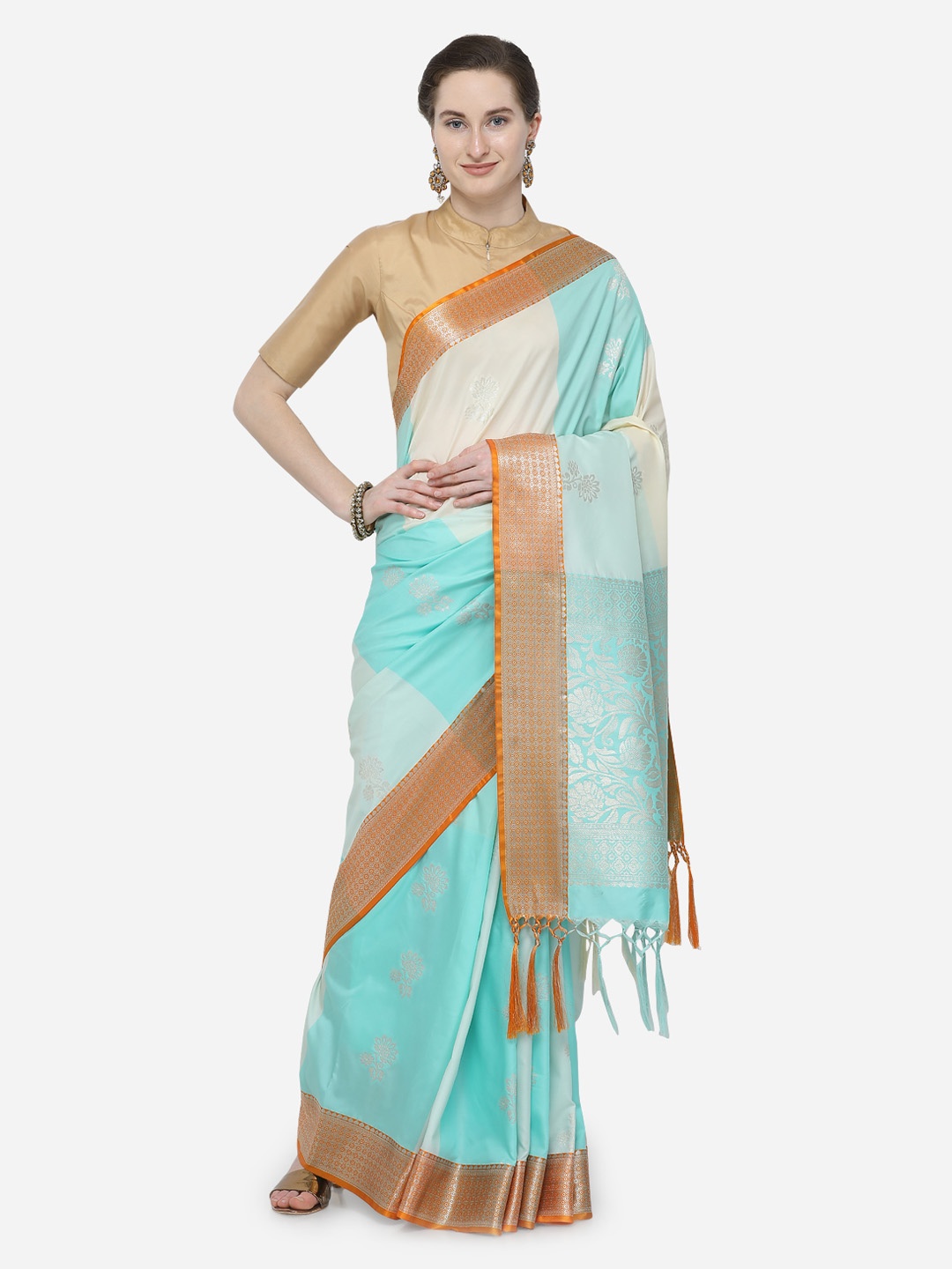 

Varkala Silk Sarees Turquoise Blue & White Silk Blend Woven Design Banarasi Saree