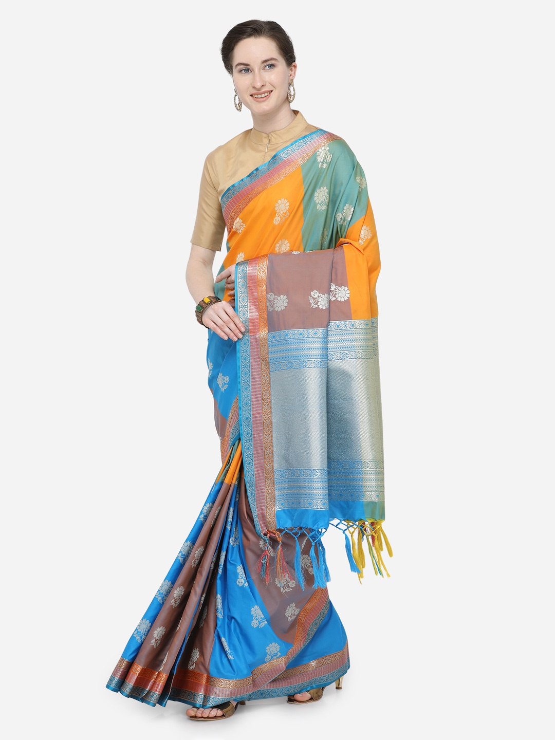 

Varkala Silk Sarees Blue & Brown Silk Blend Woven Design Banarasi Saree