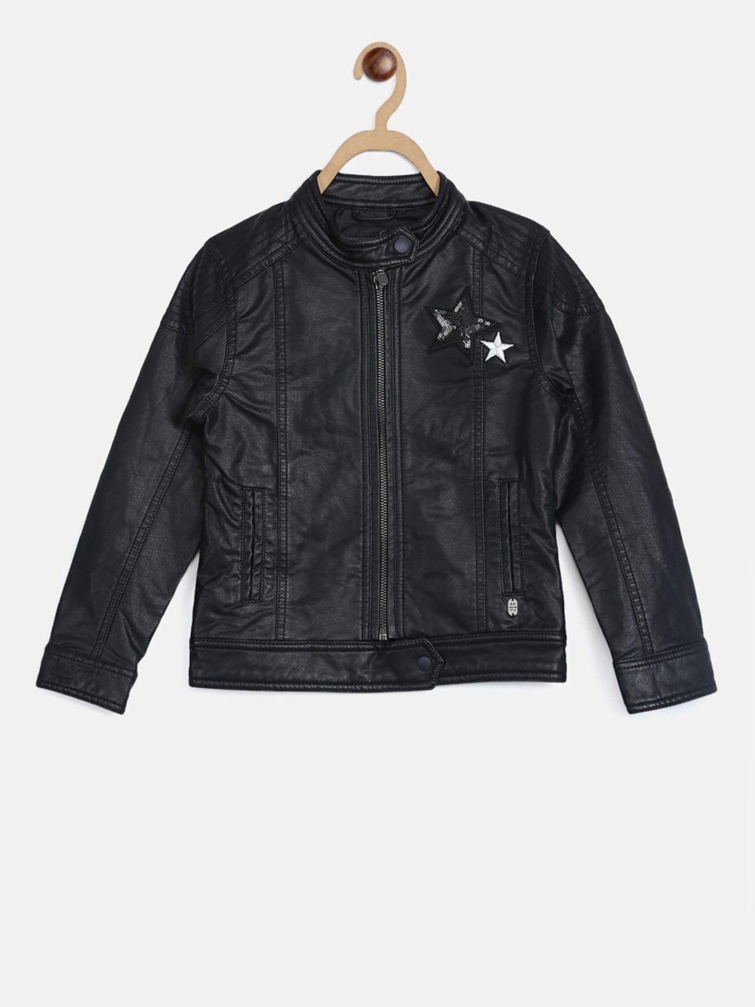 

Blue Giraffe Girls Black Solid Leather Jacket