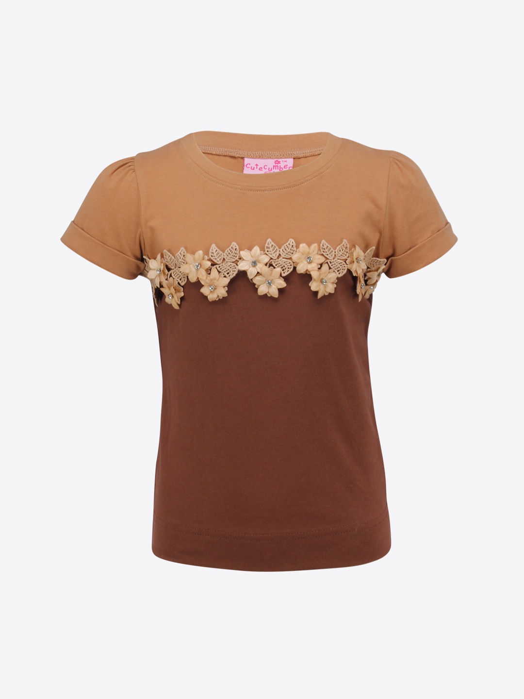 

CUTECUMBER Girls Brown Colourblocked Top