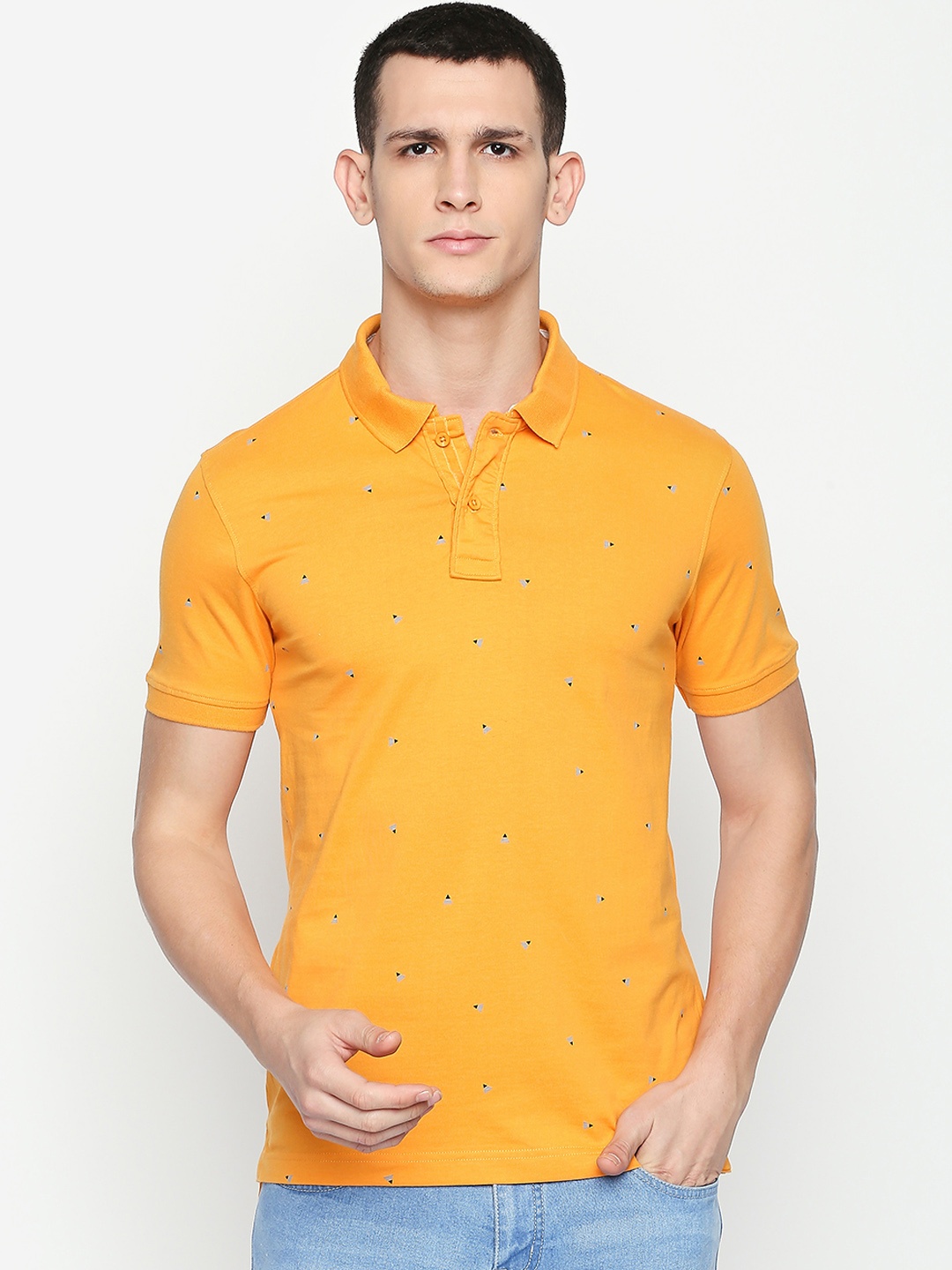 

Urban Ranger by pantaloons Men Yellow Printed Round Neck Pure Cotton T-shirt