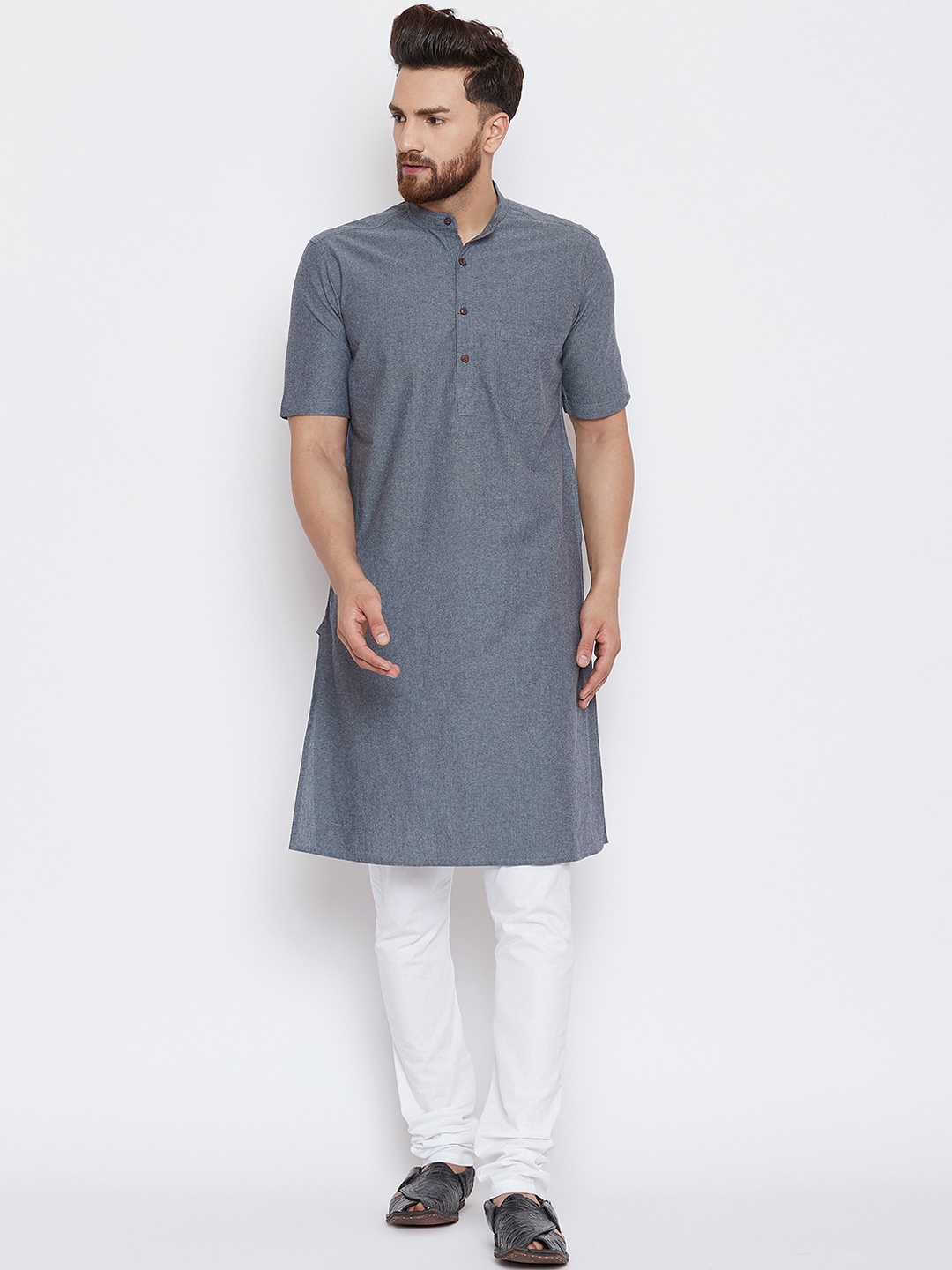 

even Men Grey & White Solid Kurta with Churidar