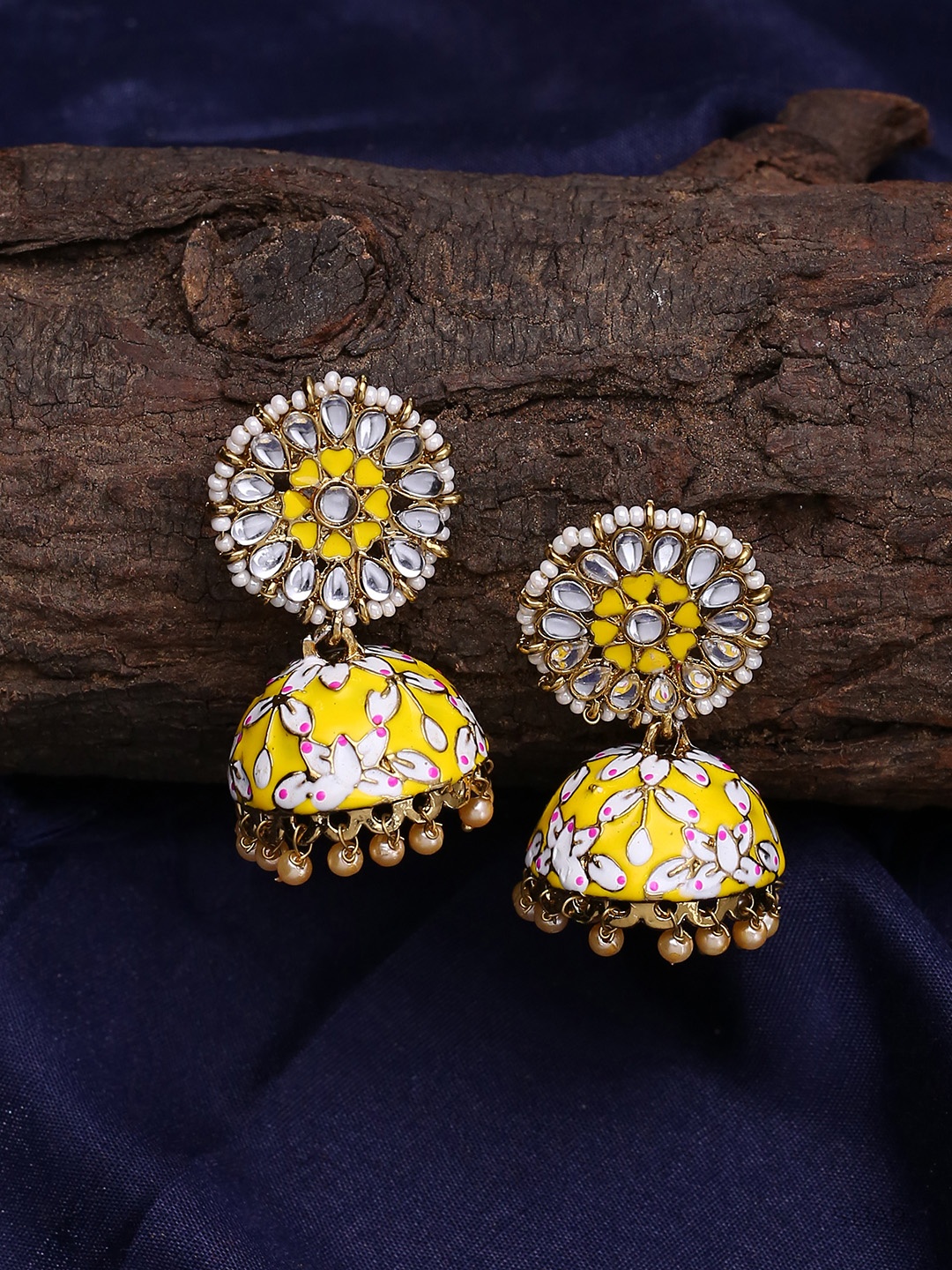 

Shoshaa Women Yellow & Gold-Plated Dome Shaped Jhumkas