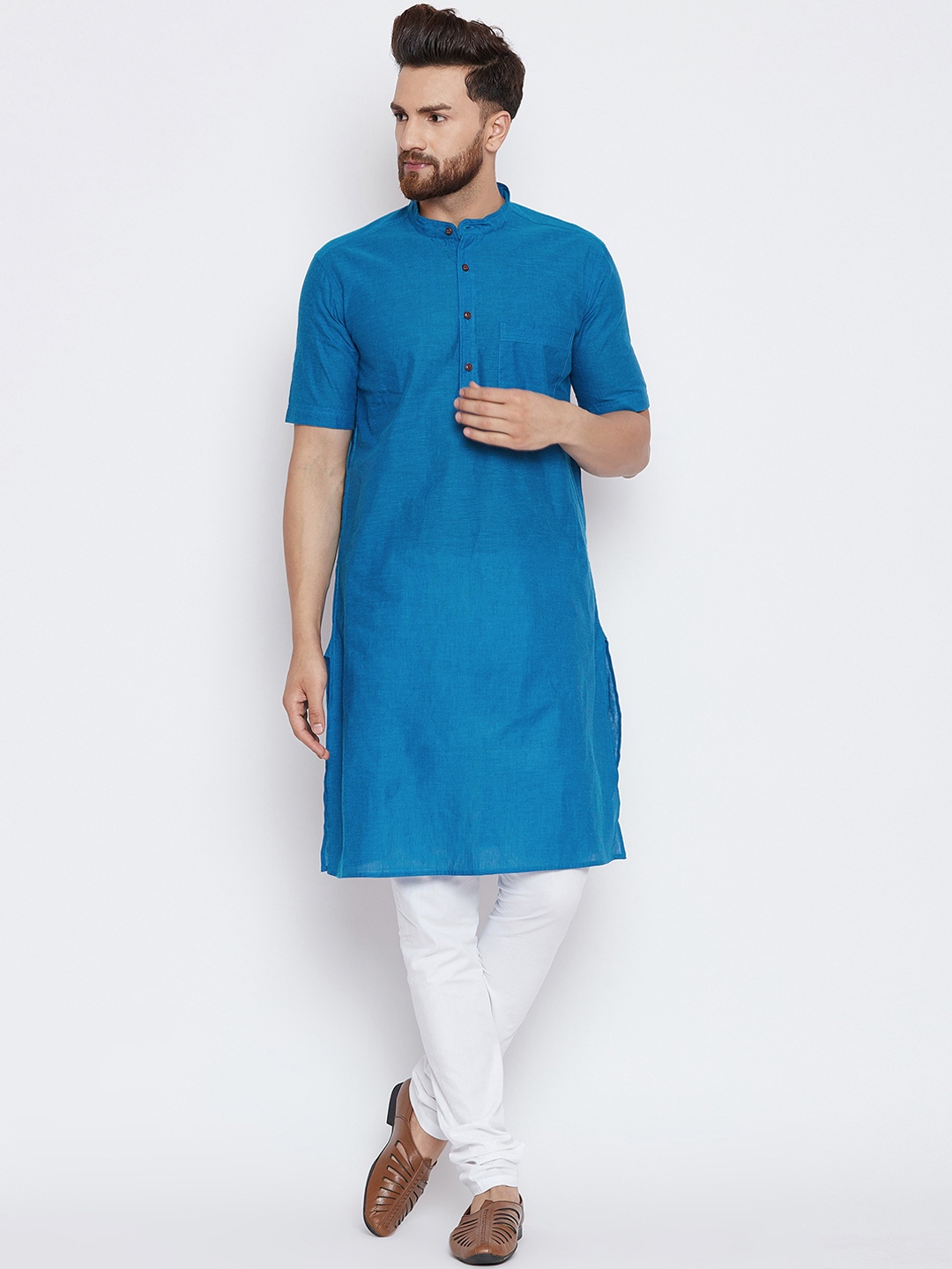 

even Men Blue & White Solid Kurta with Churidar