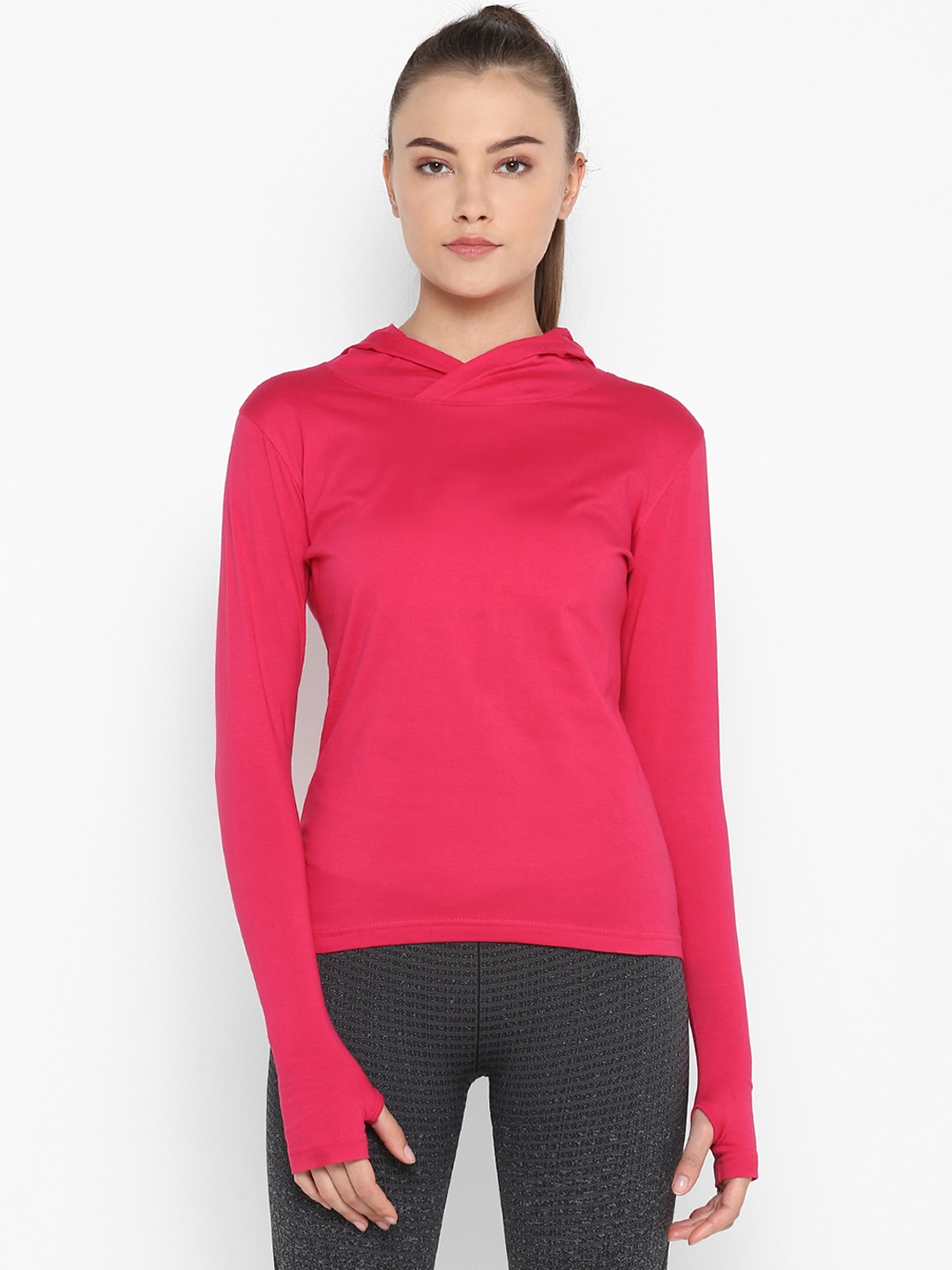 

appulse Women Fuchsia Solid Hood T-shirt