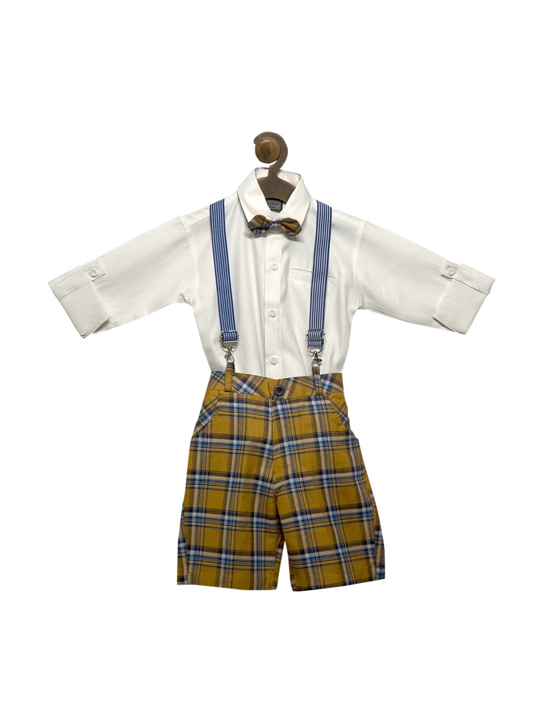 RIKIDOOS Boys Mustard Brown & White Checked Dungaree With Shirt