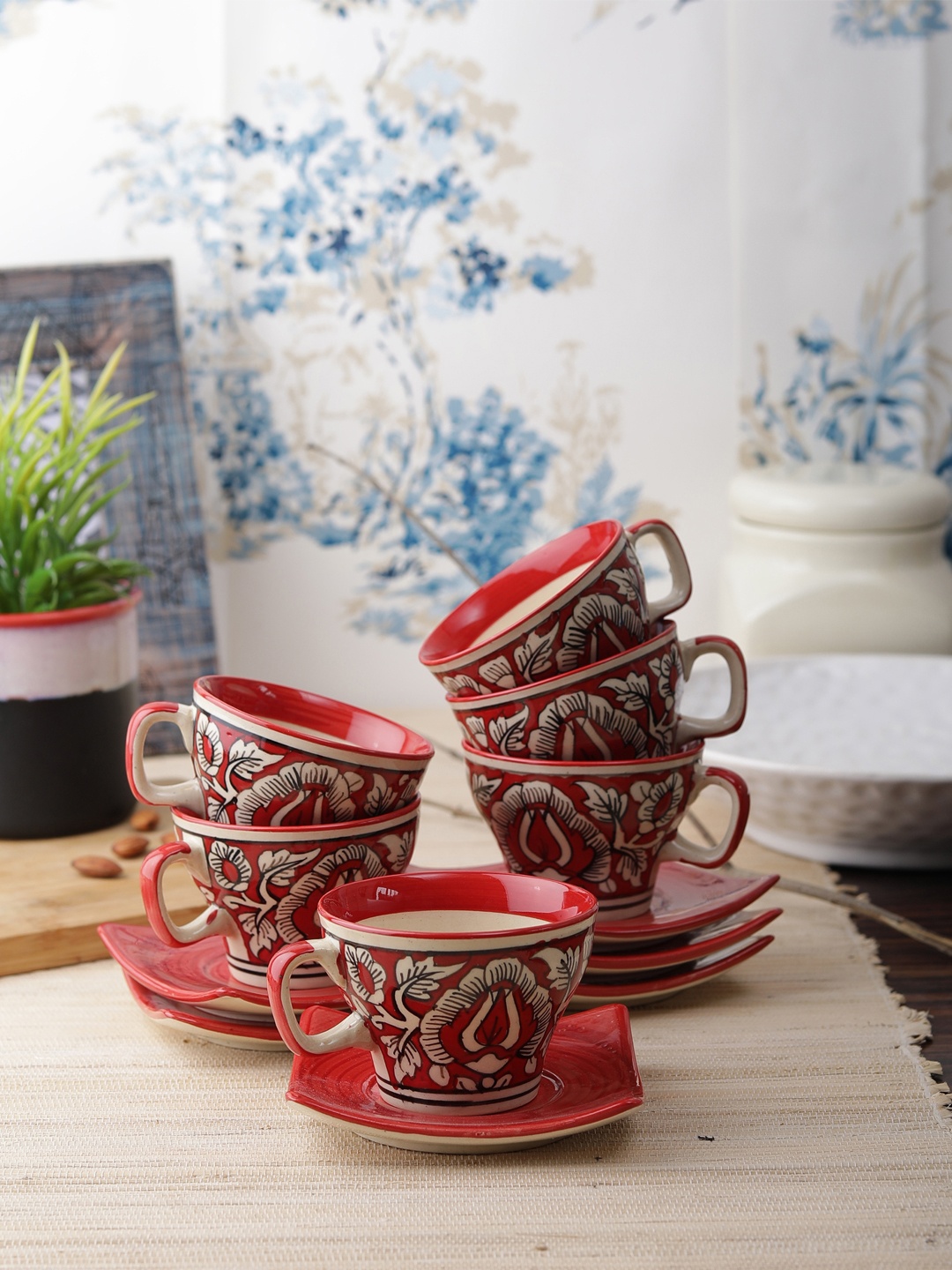 

VarEesha Set of 6 Red Printed Ceramic Cups and Saucers, Off white