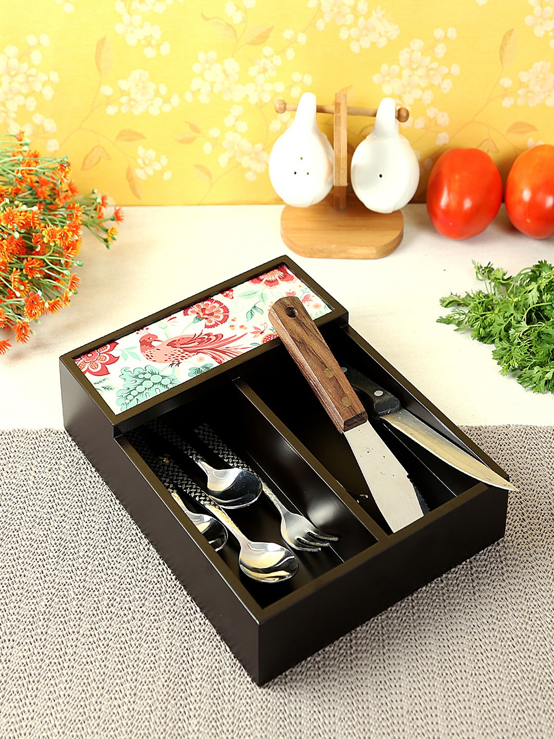 

Reinvention Factory Multicoloured MDF Wood Cutlery Holder, Black