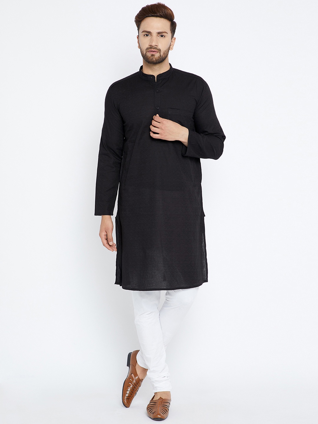 even Men Black Solid Straight Kurta