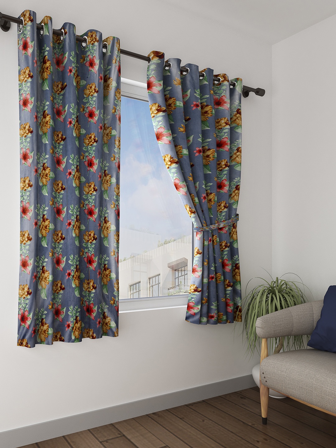 

Cortina Grey Set of 2 Floral Printed Window Curtains