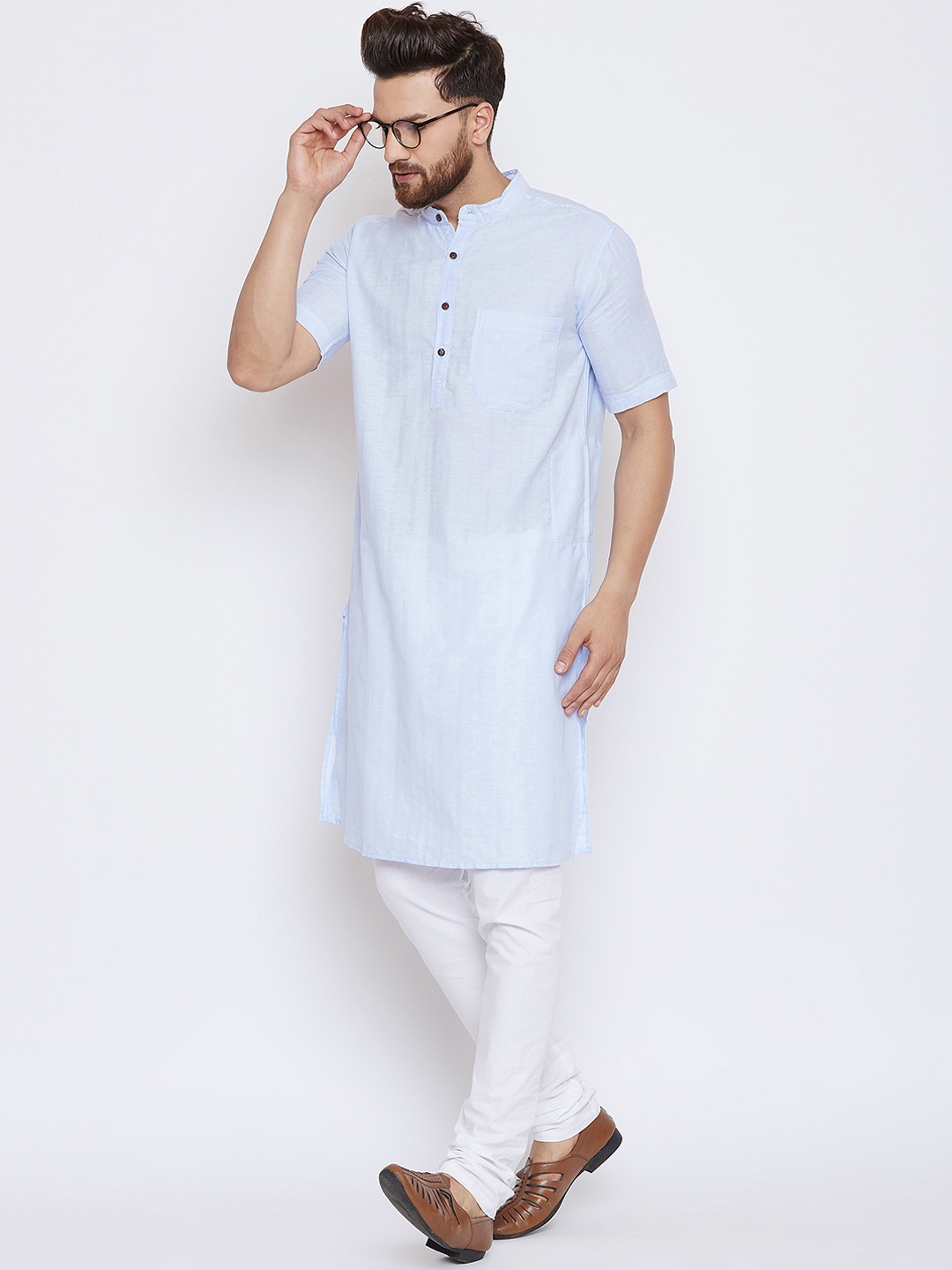 even Men Blue & White Self Design Kurta with Churidar