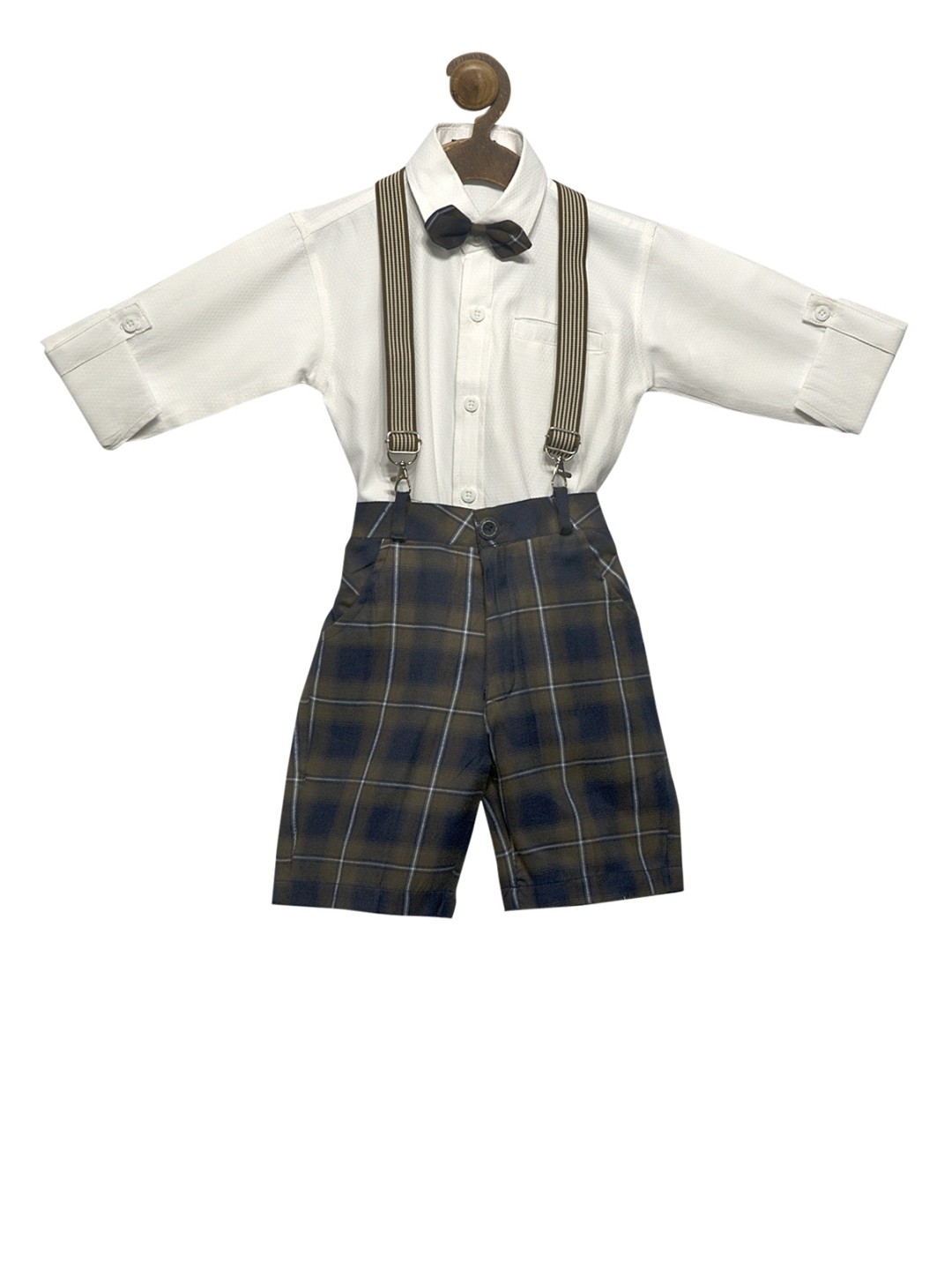

RIKIDOOS Boys Navy Blue & White Checked Dungaree With Shirt