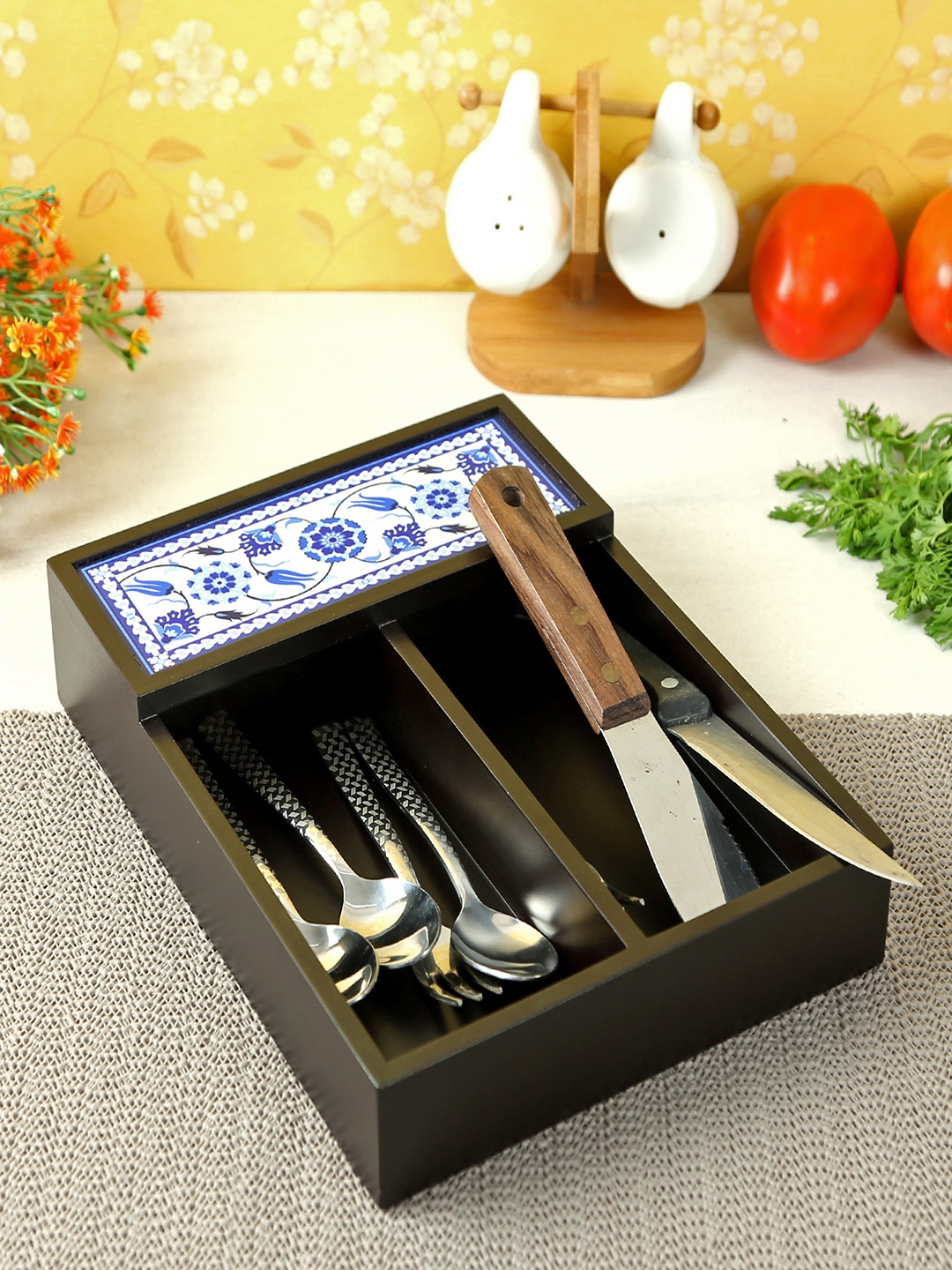 

Reinvention Factory Black & Blue MDF Wood Cutlery Holder