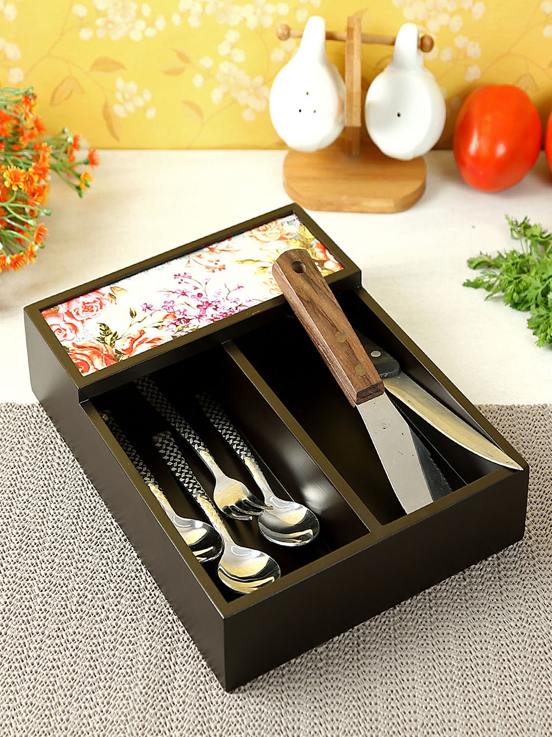 

Reinvention Factory Multicoloured MDF Wood Cutlery Holder, Black