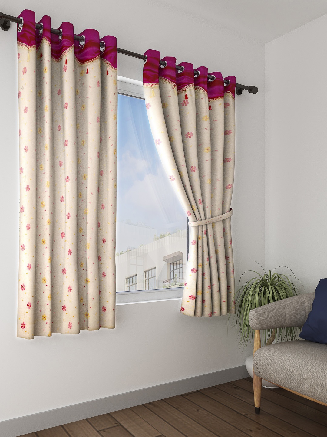 

Cortina Beige & Pink Set of 2 Valance Floral Sheer Window Curtains