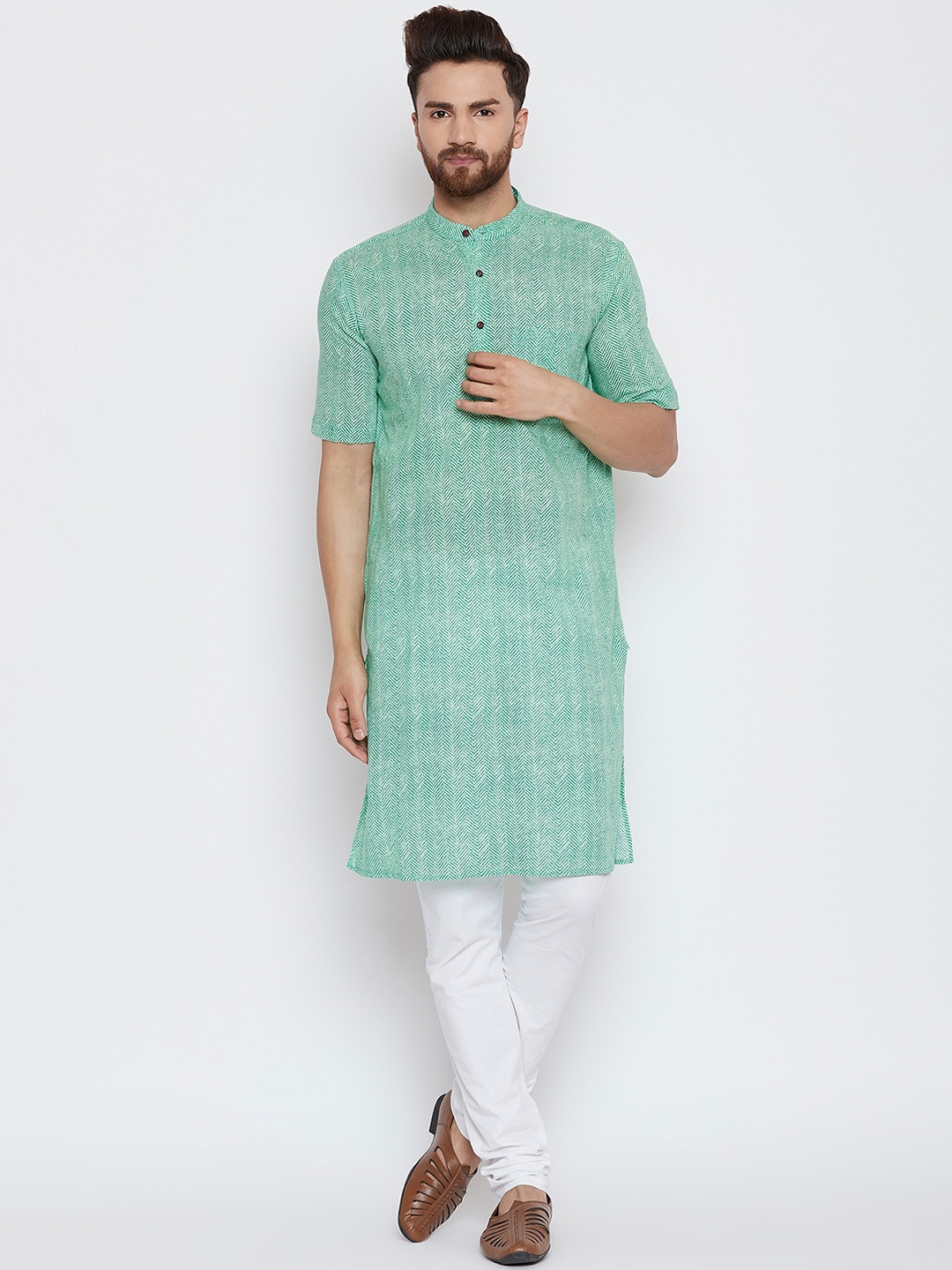 

even Men Green & White Printed Kurta with Churidar