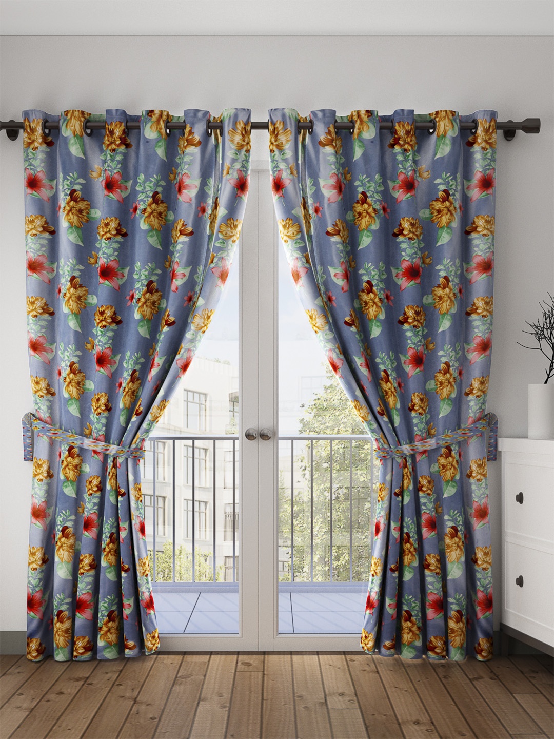 

Cortina Set of 2 Floral Printed Door Curtains, Blue