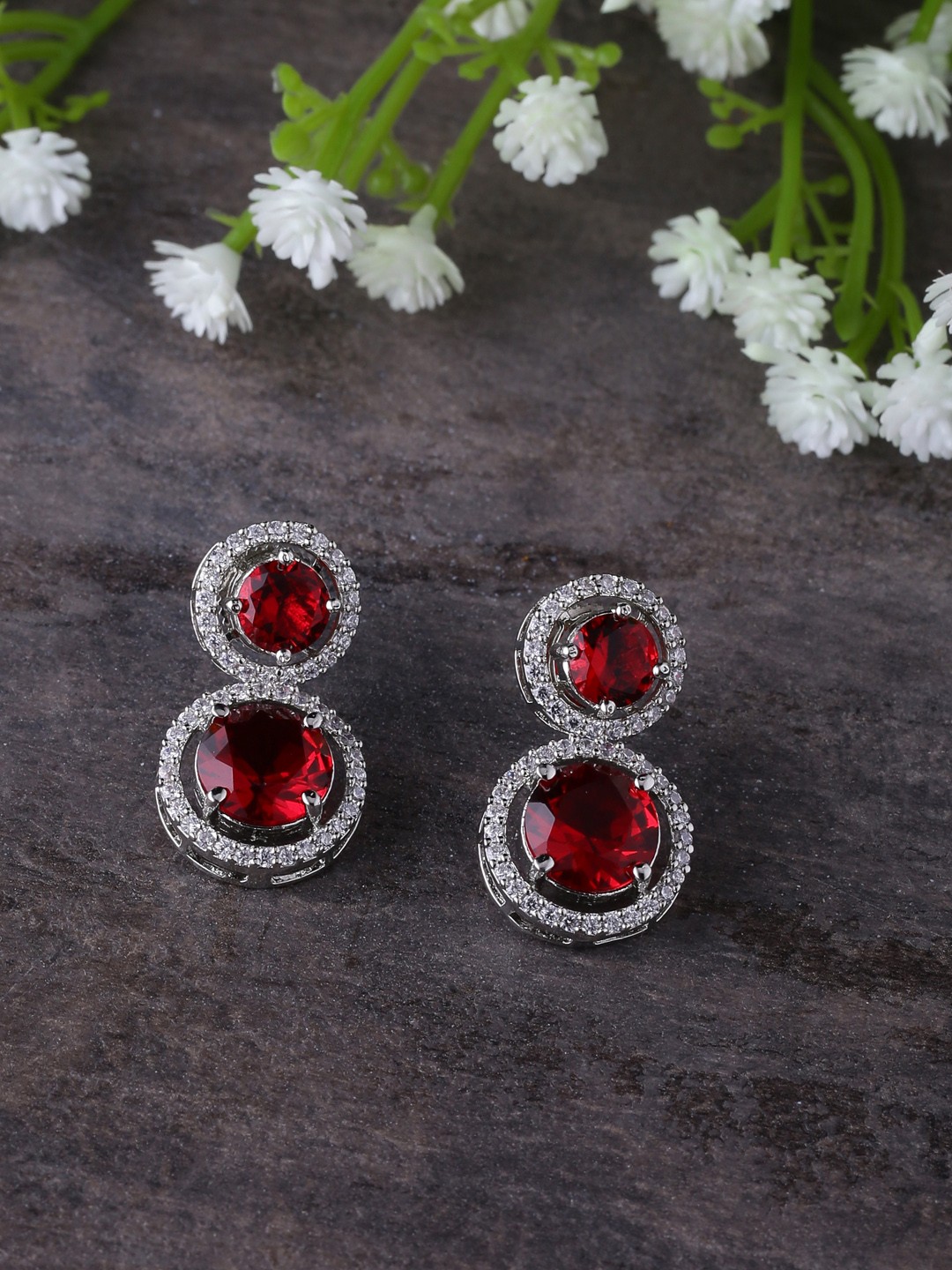 

Shoshaa Red & Silver-Plated Circular Drop Earrings
