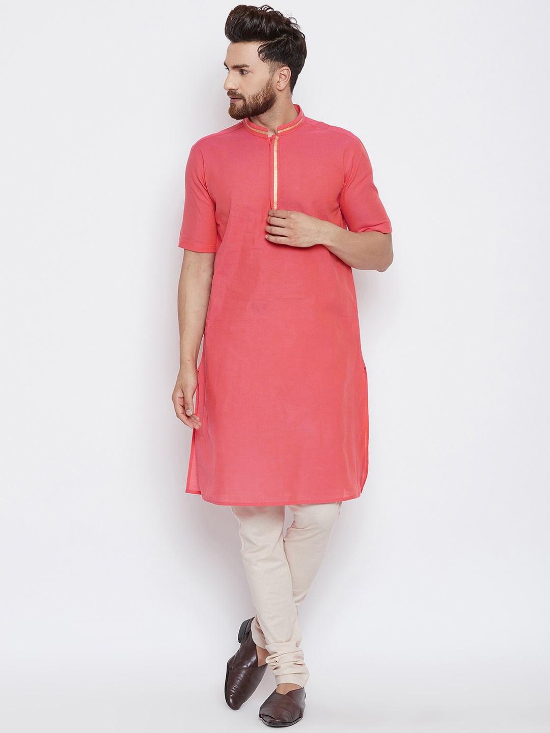 

even Men Pink & Cream-Coloured Solid Kurta with Churidar