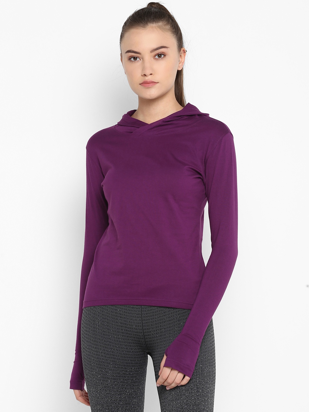 

appulse Women Purple Solid Hood T-shirt