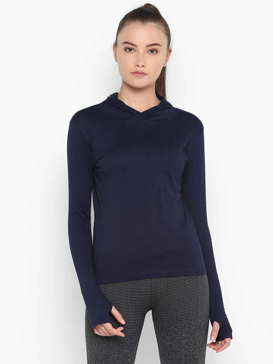 

appulse Women Navy Blue Solid Hood T-shirt