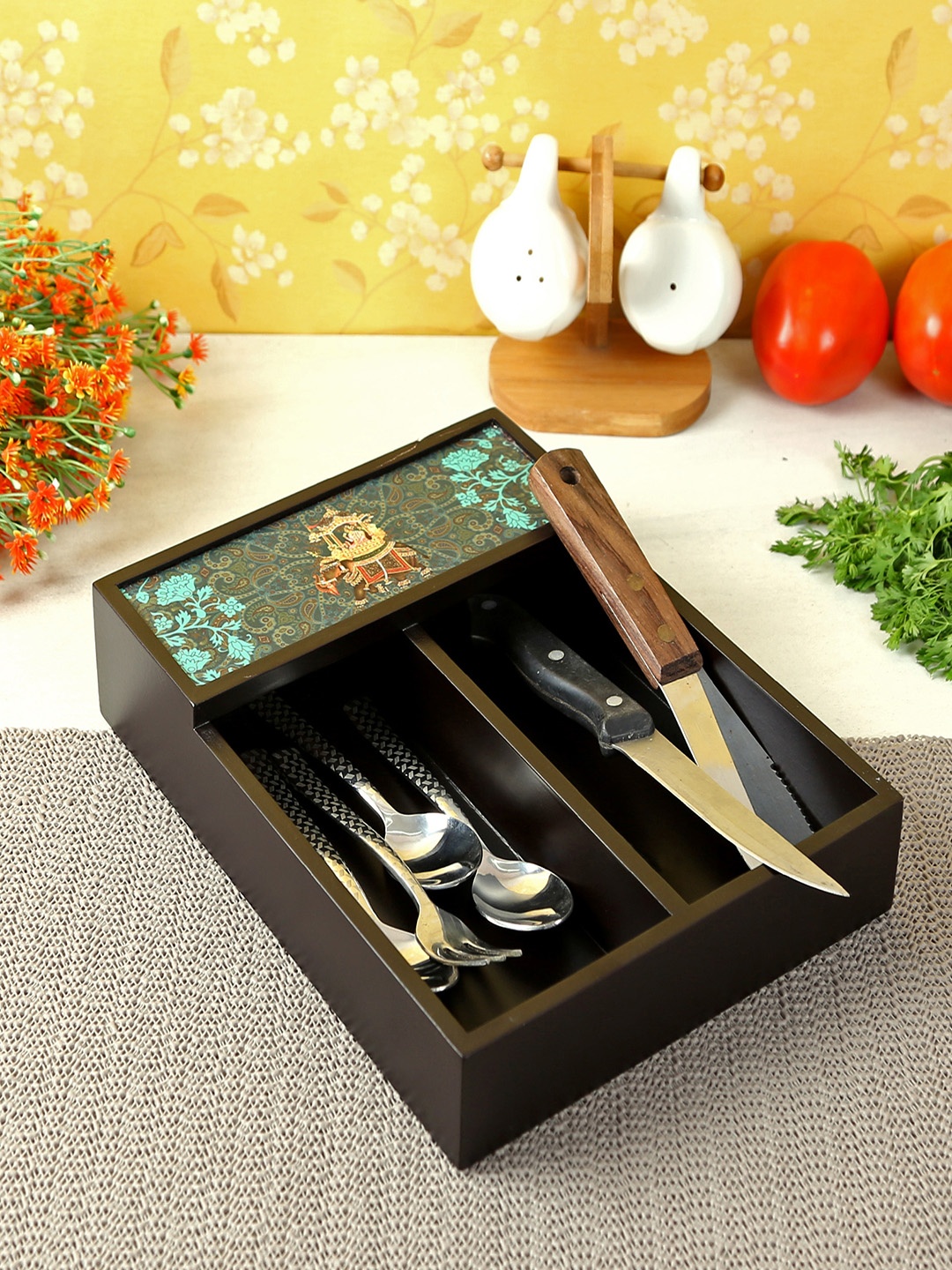 

Reinvention Factory Multicoloured MDF Wood Cutlery Holder, Black