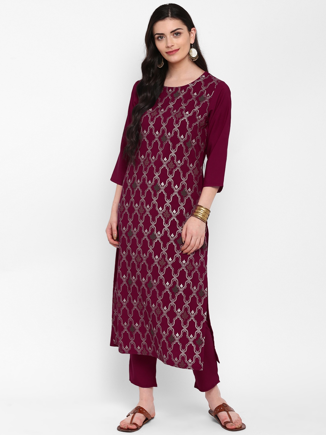 

ZIYAA Women Maroon Printed Straight Kurta