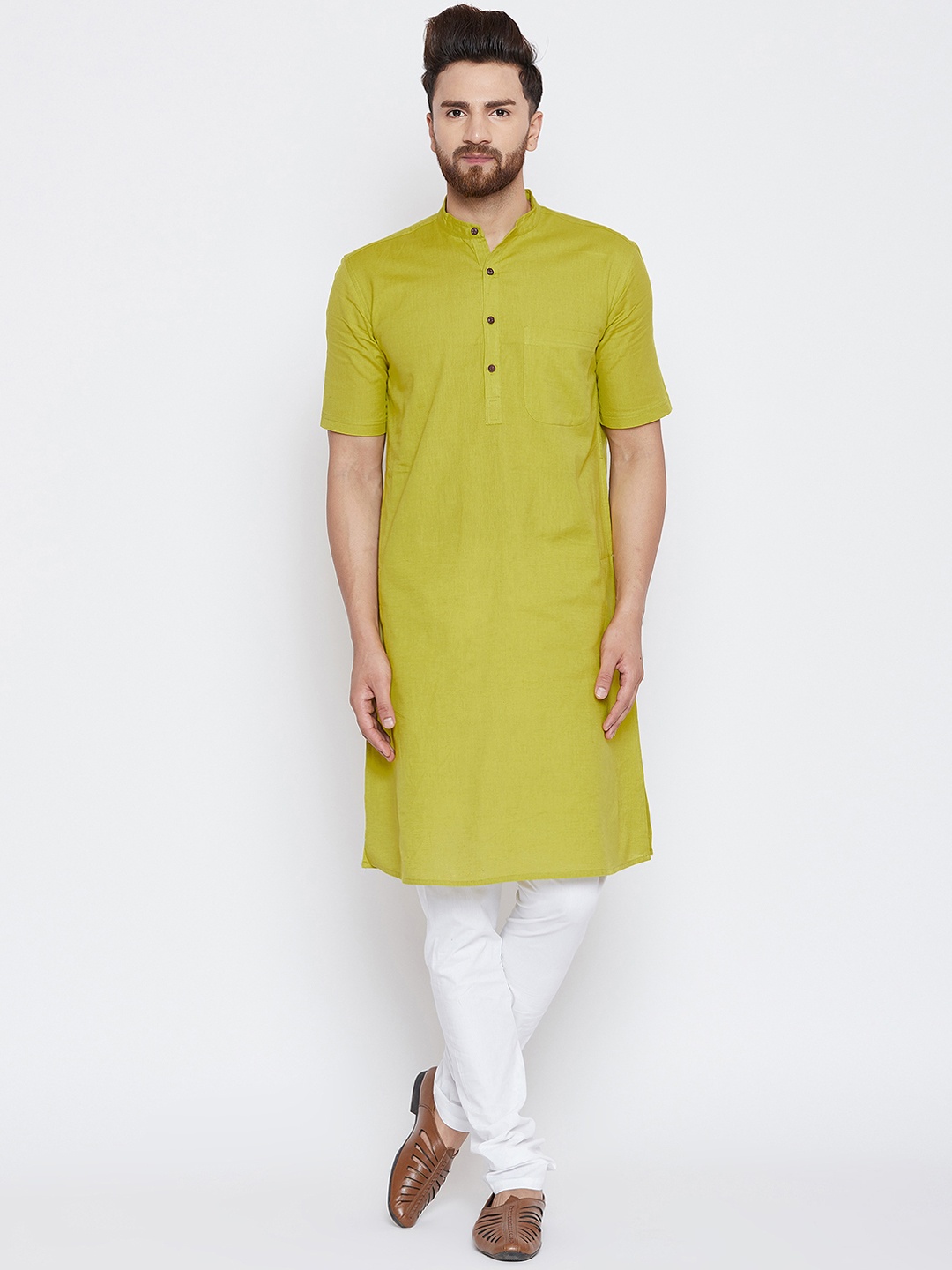 

even Men Yellow & White Solid Kurta with Churidar