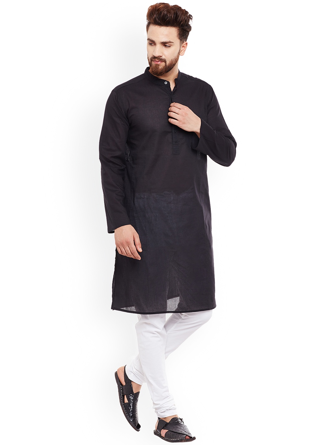 

even Men Black Solid Straight Kurta