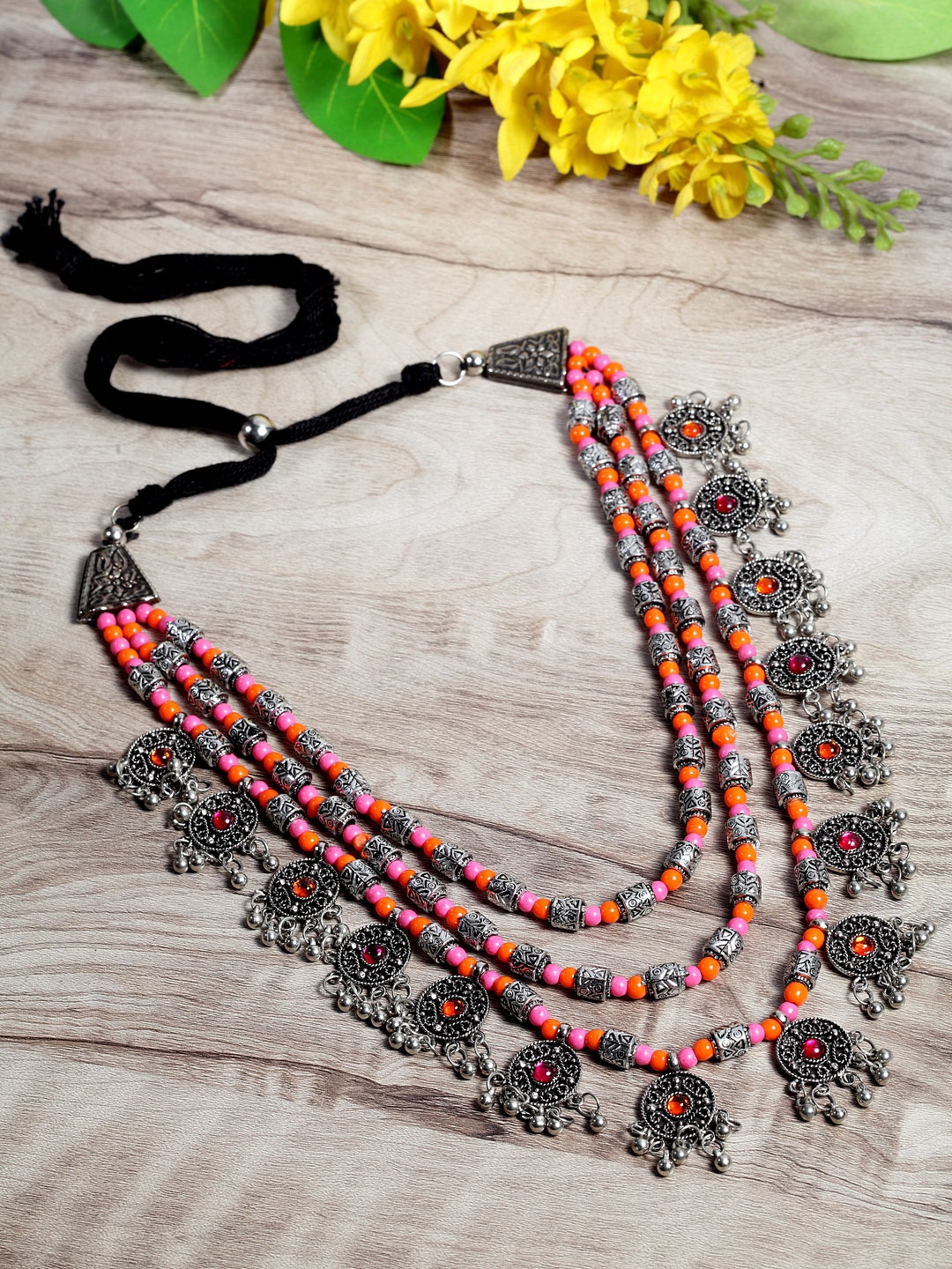 

Moedbuille Pink & Orange Silver-Plated Afghan Necklace