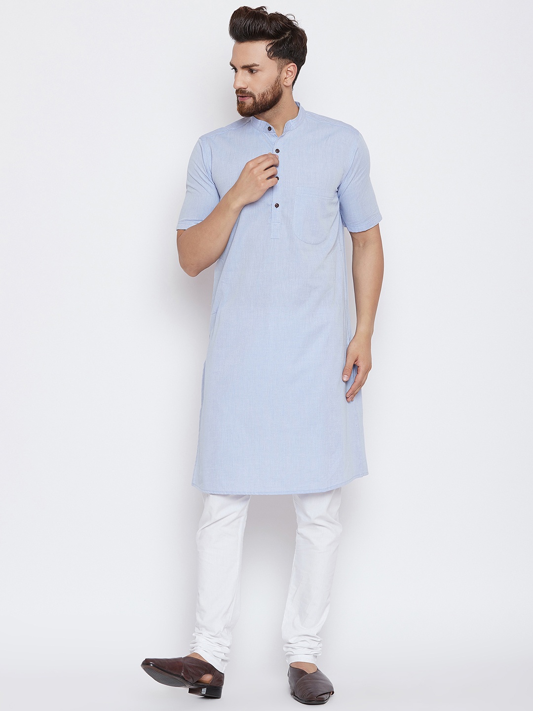 

even Men Blue & White Self Design Kurta with Churidar