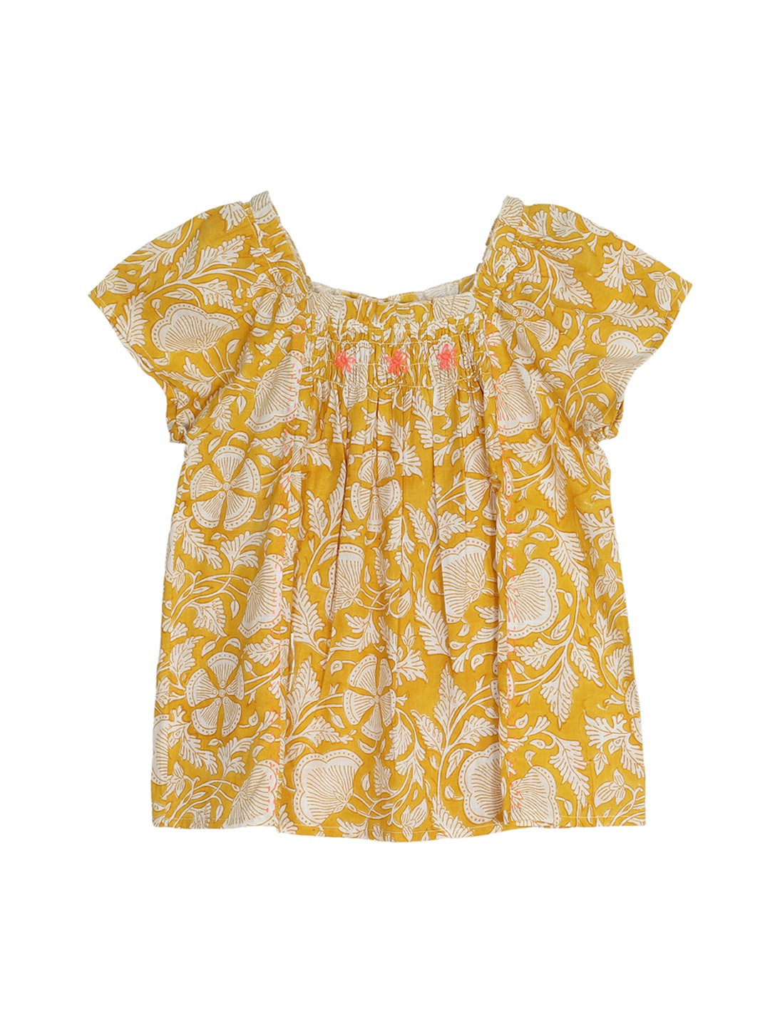 My Little Lambs Girls Yellow Printed Boxy Top